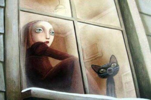 Οι τοξικές οικογένειες - Γυναίκα και γάτα κοιτούν έξω από το παράθυρο