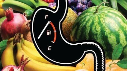 Διάφορα φρούτα και εικονικό στομάχι