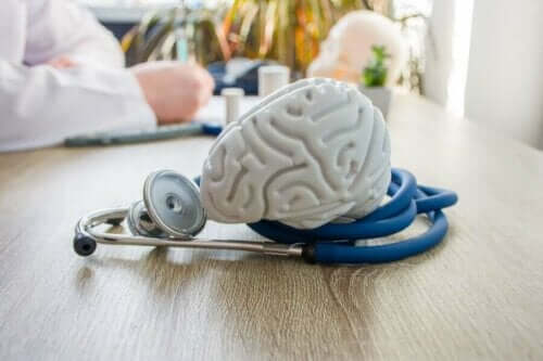 Πλαστικός εγκέφαλος και στηθοσκόπιο πάνω σε γραφείο και τσάι αγριαψιθιάς