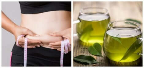 Γυναίκα μετρά το λίπος της κοιλιάς και δύο ποτήρια με πράσινο τσάι