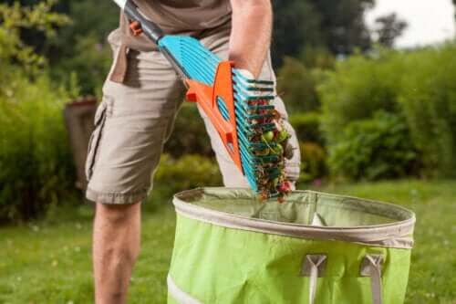 7 τρόποι για να καθαρίσετε το μπαλκόνι και το αίθριο σας πριν από το καλοκαίρι. άτομο που καθαρίζει τα φύλλα από τον κήπο του και τα βάζει σε ένα δοχείο